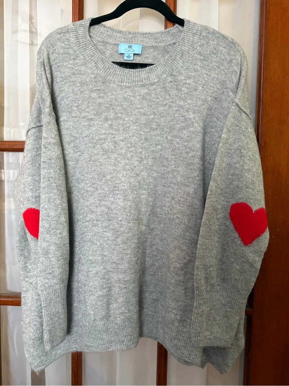 CeCe Gray Crewneck Sweater with Red Heart Elbow Patches